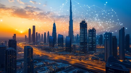 Aerial view of Dubai skyline at sunset with digital network overlay.  Modern city, illuminated skyscrapers, vibrant colors, network connection, futuristic.
