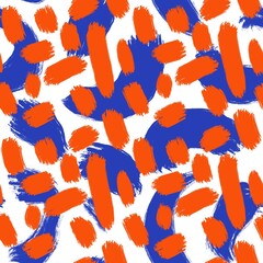 Seamless abstract textured pattern. Simple background blue, orange, white. Stains, lines. Digital brush strokes. Design for textile fabrics, wrapping paper, background, wallpaper, cover. © Noosya Sho