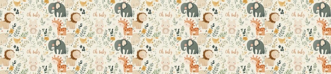 Obraz premium seamless pattern of Cute baby animals floral pattern beige orange watercolor style joyful baby shower celebration