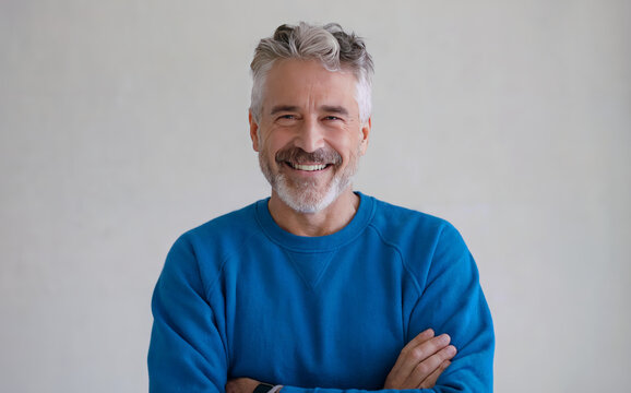 Happy mature old bearded man with a dental smile, wearing a blue sweatshirt.