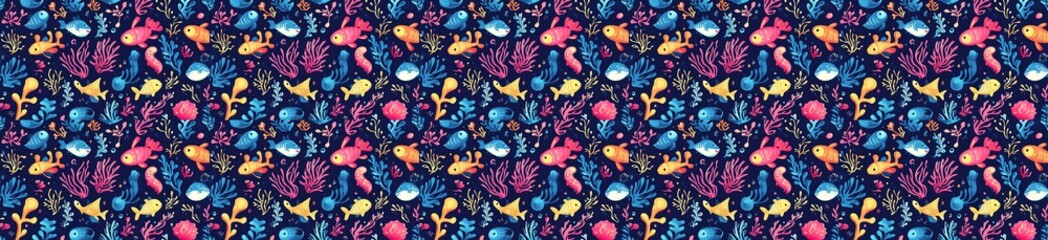 Obraz premium seamless pattern of Vibrant underwater scene pink coral, yellow fish, playful style, summer joy 