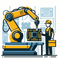 A worker in a yellow hard hat operates a  in an industrial setting.  The background includes machinery and control panels. Vector illustration icon  on a white background 