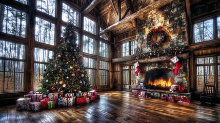 Naklejka premium Christmas Tree, Presents, and a Cozy Fireplace in a Rustic Cabin