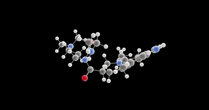 Cabergoline molecule, rotating 3D model of dopamine receptor agonists, looped video on a black background