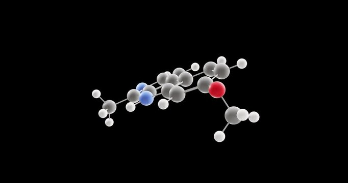 Harmine molecule, rotating 3D model of beta-carboline, looped video on a black background