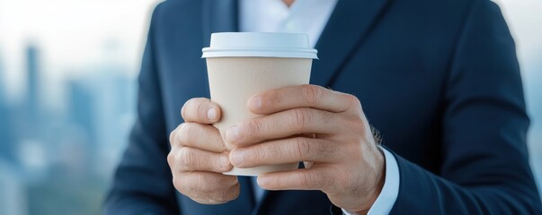 Close-up of businessman holding a paper coffee cup outdoors. Modern urban lifestyle and professional routine concept.