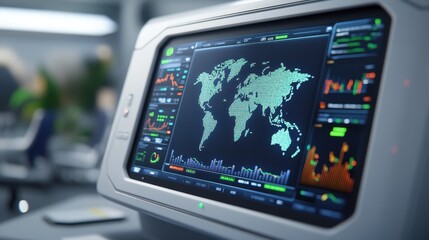 Computer monitor displaying world map and data graphs, symbolizing global technology and analytics.