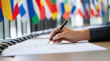 Hand signing a document with international flags in the background, representing global agreements and diplomacy.