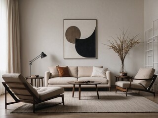 Modern living room with neutral furniture and abstract wall art decor focus
