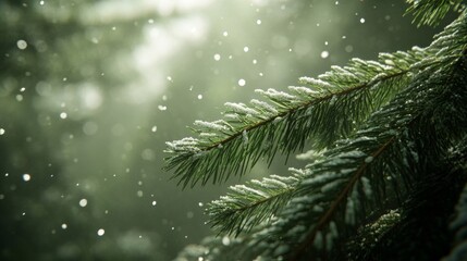 Obraz premium Close-up of a Snowy Pine Branch in a Forest