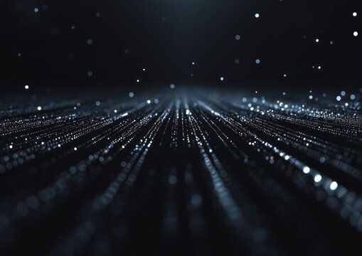 Abstract digital particle lines converging towards a light source on dark background.