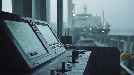 Fototapeta premium Ship bridge control panel in rainy weather with blurred cargo ship in background.