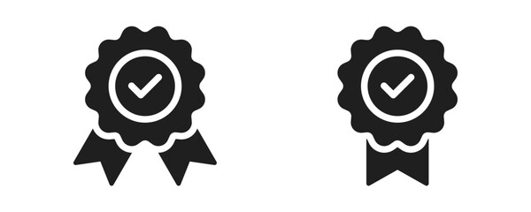 medal award icon, certificate badge with seal ribbon with check mark icons - certified prize icon checkmark symbol. Quality certify. web vector icon