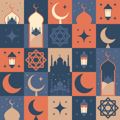 Ramadan Kareem. Islamic greeting card template with ramadan for wallpaper design. Mosaic vector illustration. Vector illustration.