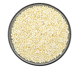 Puffed millet in porcelain bowl isolated on white, top view