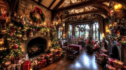 A Cozy Christmas Living Room Decorated With Ornaments, Presents, and a Fireplace