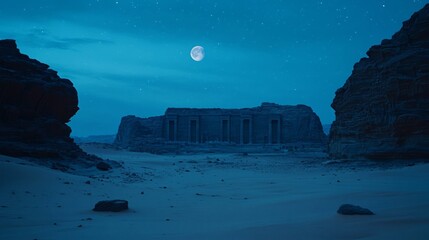Ancient Ruins under a Starry Sky with a Full Moon