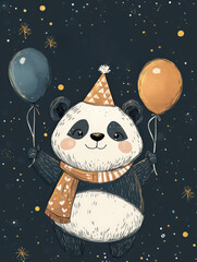 Fototapeta premium Charming New Year Illustrations with cheerful panda wearing festive outfits, holding balloons and party hats: Wallpapers, T-shirts, Posters & Decor