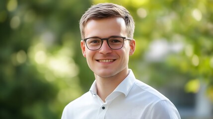 Młody mężczyzna w okularach i białej koszuli na tle naturalnej zieleni