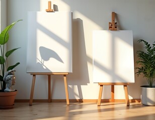 Modern art studio interior mockup shows two blank canvases on wooden easels. Sunlight casts shadows...