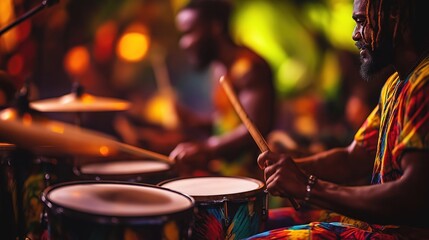 Naklejka premium Closeup drummers play colorful drums at reggae music concert. Vibrant music performance. Drummers wear colorful clothes. Musical show in lively club. Energetic performers. Live music atmosphere.