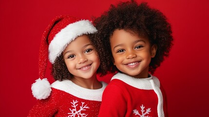 Joyful holiday spirit radiates from two adorable children in festive red and white outfits, their bright smiles and curly hair framed against a vibrant red background.