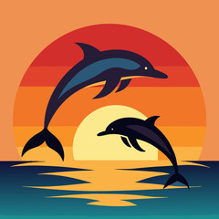 Dolphins jumping over a sunset.