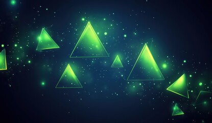 Abstract green glowing triangles in dark space with sparkling particles.