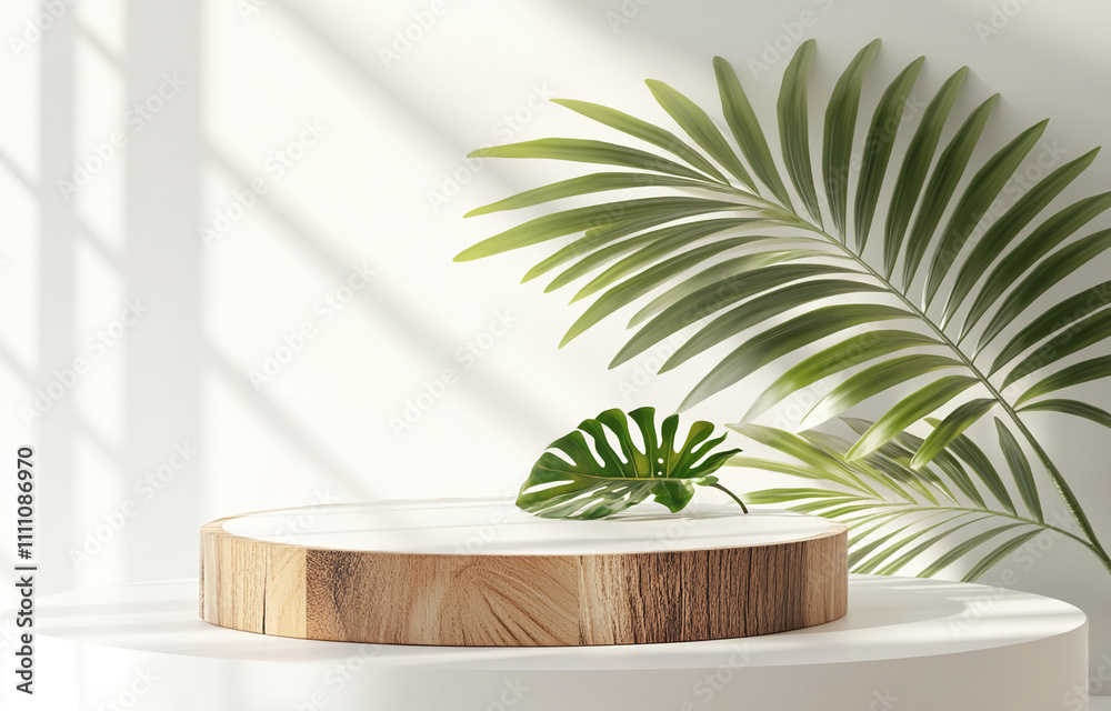 Poster natural light illuminates a wooden tray with a tropical leaf on a clean surface in a minimalist sett