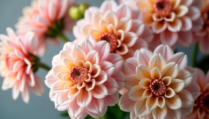 Obraz premium Close-up view of blooming dahlias. Soft pink and peach tones. Beautiful flower blossoms. Springtime floral scene. Elegant and romantic. Perfect for springtime celebrations like weddings or birthdays.