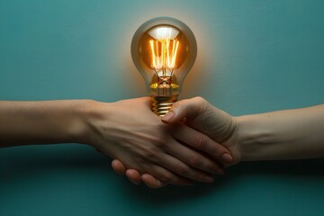 Two hands shaking with a glowing light bulb in the center on a teal background Studio conceptual photography for innovation teamwork and partnership themes

