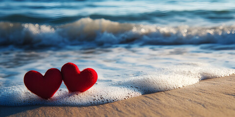 Fototapeta premium Red Hearts on Sandy Beach with Ocean Waves