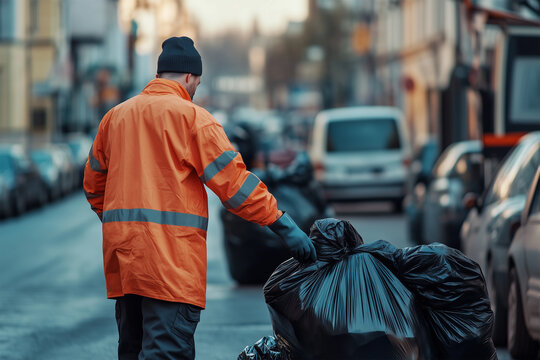 A sanitation worker in an orange jacket collects trash in a black bag during a rainy evening in an urban environment