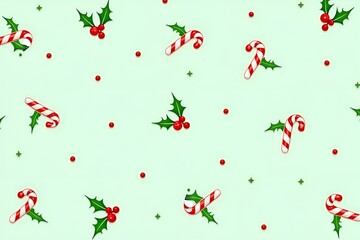 Festive Candy Canes and Holly Berries Pattern in Traditional Style on Mint Green Background