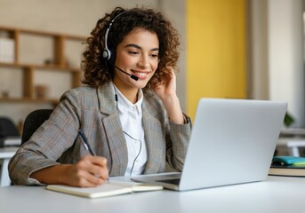 Smiling woman with curly hair wearing headset taking notes while working on laptop
