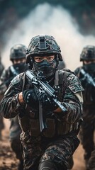 Obraz premium some asian soldiers in full combat gear, performing intense military training exercises in a rugged terrain, wearing camouflage uniforms with tactical vests, helmets, and face paint. 