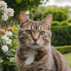 Obraz premium Closeup shot of a cat in a garden during the day