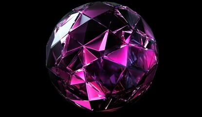 Fototapeta premium Abstract purple gemstone sphere with faceted surfaces, isolated on black background.