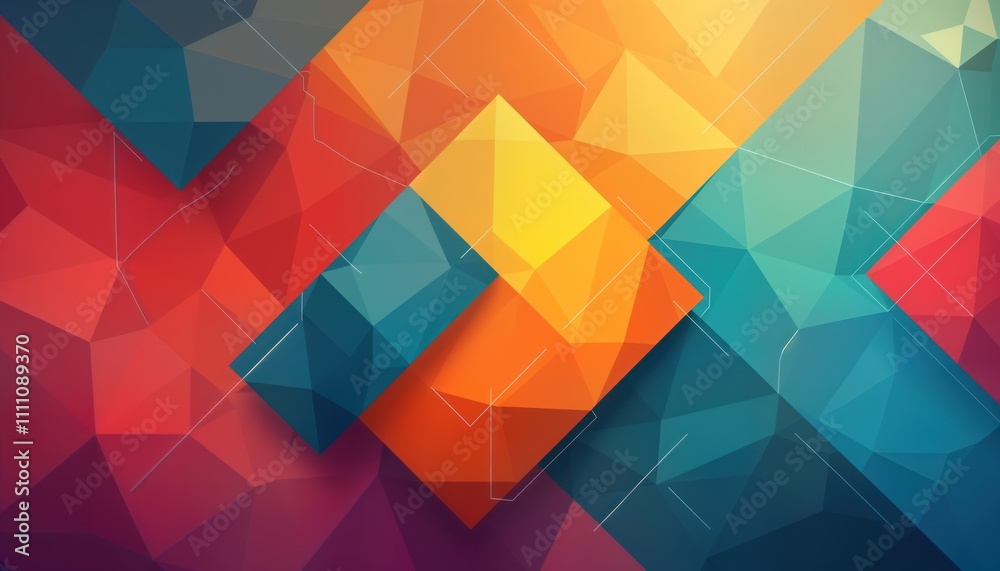Leinwandbilder Abstract geometric pattern design. Colorful shapes overlap creating dynamic look. Vibrant colors like orange, blue dominate. Modern artistic design suitable for posters, backgrounds. Abstract artwork