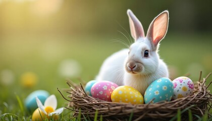 Fluffy white rabbit sits amid colorful Easter eggs in nest on grassy lawn. Springtime scene suggests celebration, joy. Festive scene for holiday greeting card. Cute animal, colorful eggs in natural