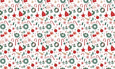 Festive pattern with snowflakes, stars, candy canes, wreaths, and Christmas trees.