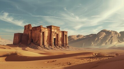 Mysterious ancient tomb amidst desert dunes  a stunning capture of history and enigma