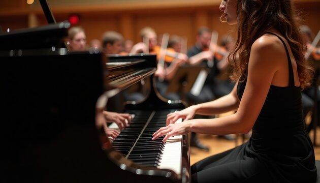 Woman plays piano at orchestra performance. Musician sits confidently at grand piano. Many musicians play instruments in hall. Classical music event. Enjoyment, elegance in indoor venue. Artist plays