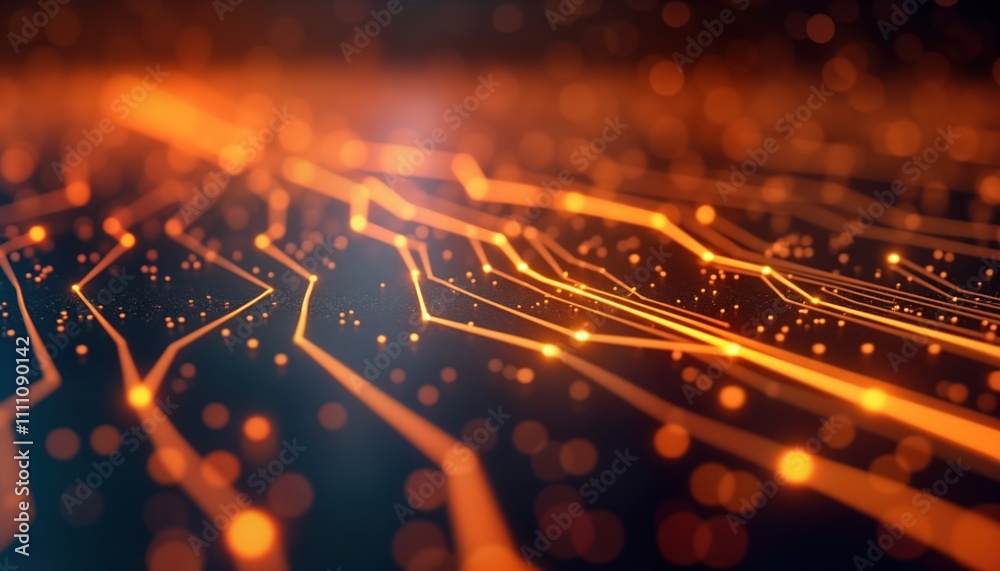 Poster Abstract digital tech background shows glowing orange-golden circuit pattern. Data transmits through network. Futuristic design with depth of field. Dynamic lines, points symbolize information flow.