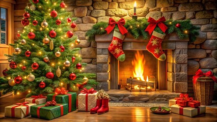 Fototapeta premium christmas tree with fireplace, Christmas Fireplace Decoration Background