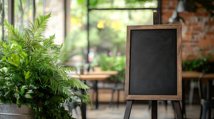 Blank Blackboard Sign  Cafe  Restaurant  Menu Board  Wooden Frame  Greenery  Plants  Indoo