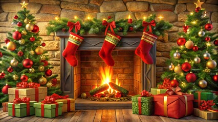 Fototapeta premium christmas tree with gifts, Christmas Fireplace Decoration Background