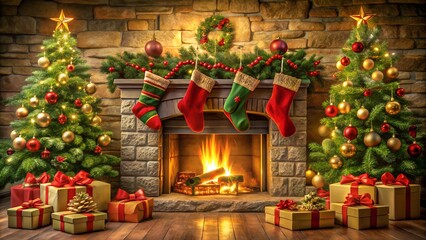 christmas tree with fireplace, Christmas Fireplace Decoration Background