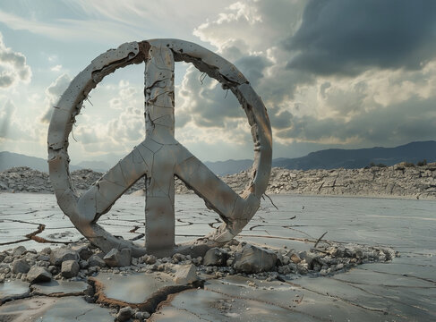 Peace symbol with destroyed city ruins on background