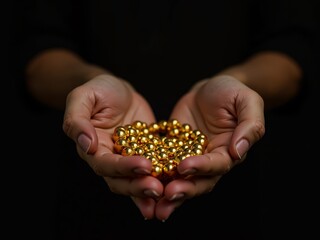 Fototapeta premium hand holding golden glowing prayer beads on dark background.
